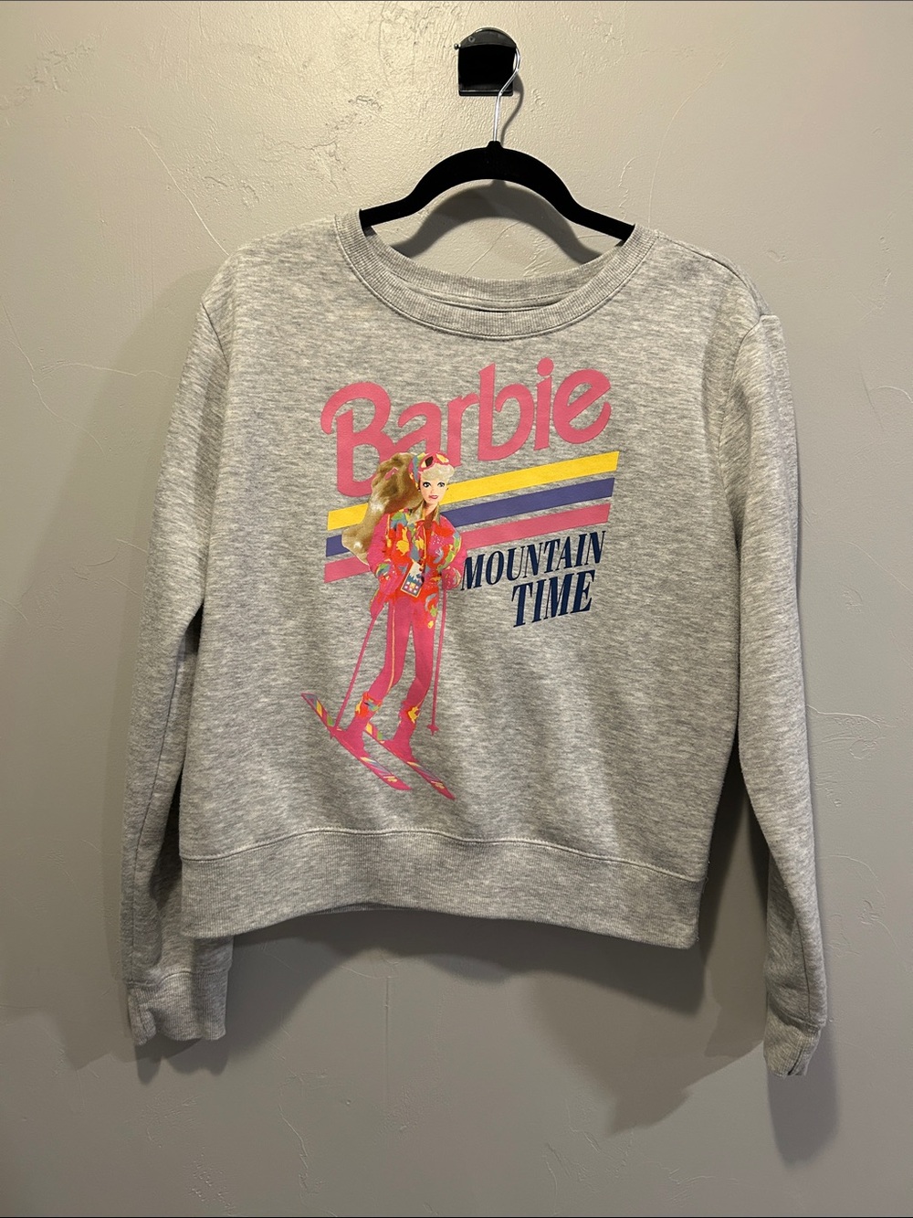 Barbie Gray Sweatshirt with Pink Ski Graphic and Yellow Stripes